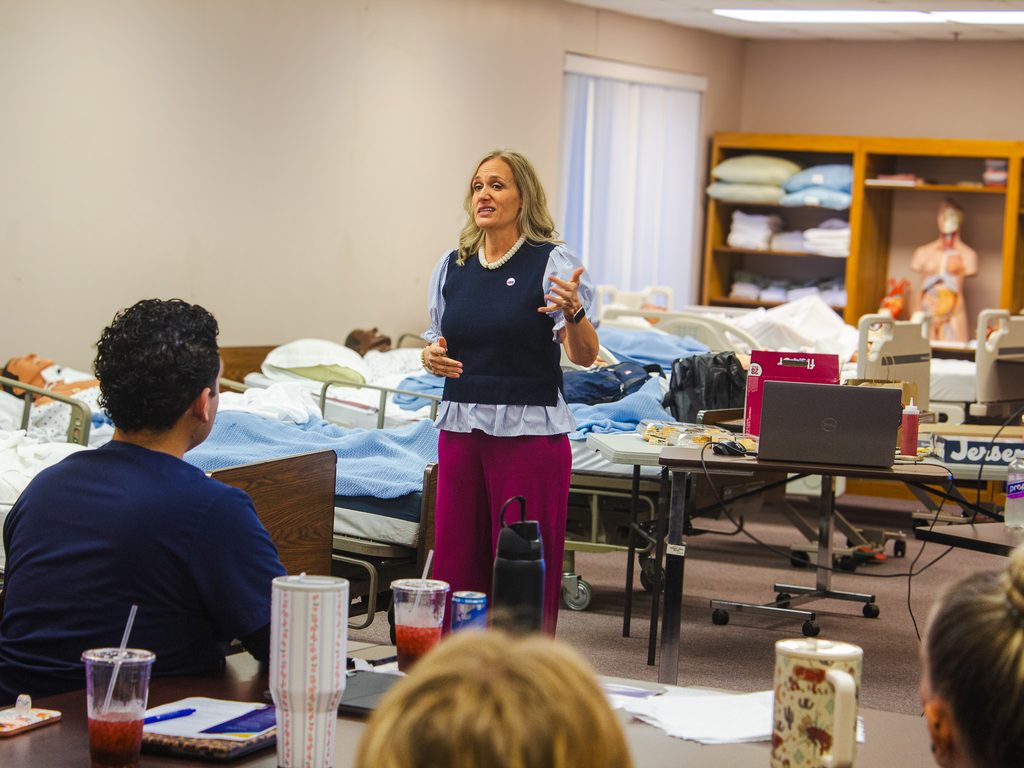 In this photo, Child Advocacy Center of Central Oklahoma SANE Program Administrator Chrissie Boatman speaks to Seminole State College nursing leadership students.